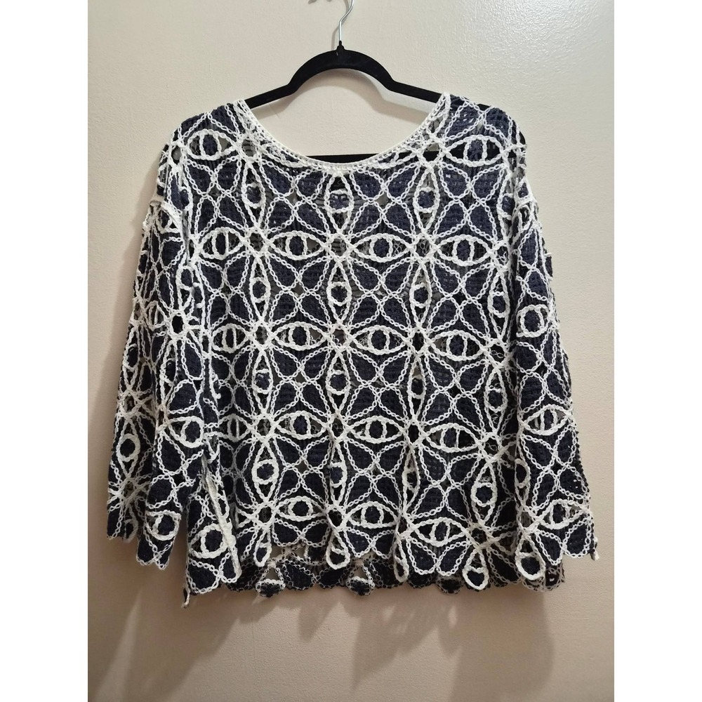 Charlie B Crochet Boho Sweater Navy White Geometric Open Knit C4499-270C M/L